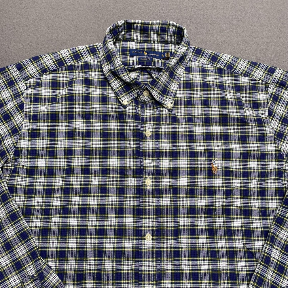 Ralph Lauren Shirt Mens Extra Large Blue‎ Green Yellow Plaid Classic Fit Cotton